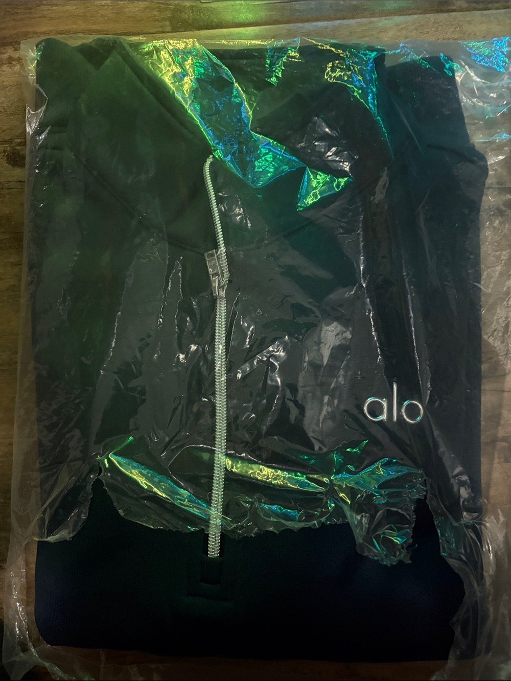 ALO Yoga Navy Men's Zip Hoodie with Light Gray Drawstring